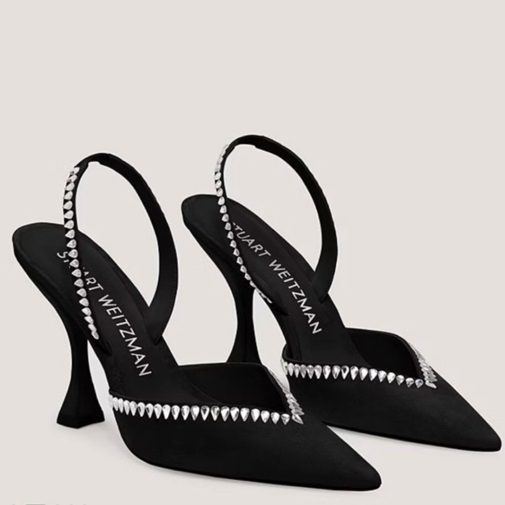 New Stuart Weitzman Black Gemcut Curve Pointed Toe Slingback Pump